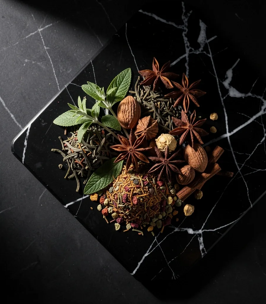 Foglie di tè e ingredienti keto su superficie scura