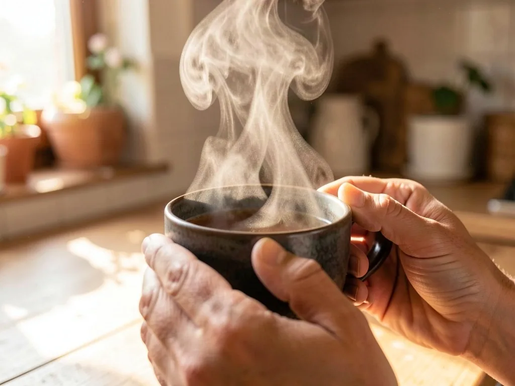 Mani che reggono una tazza di tè calda in luce morbida mattutina