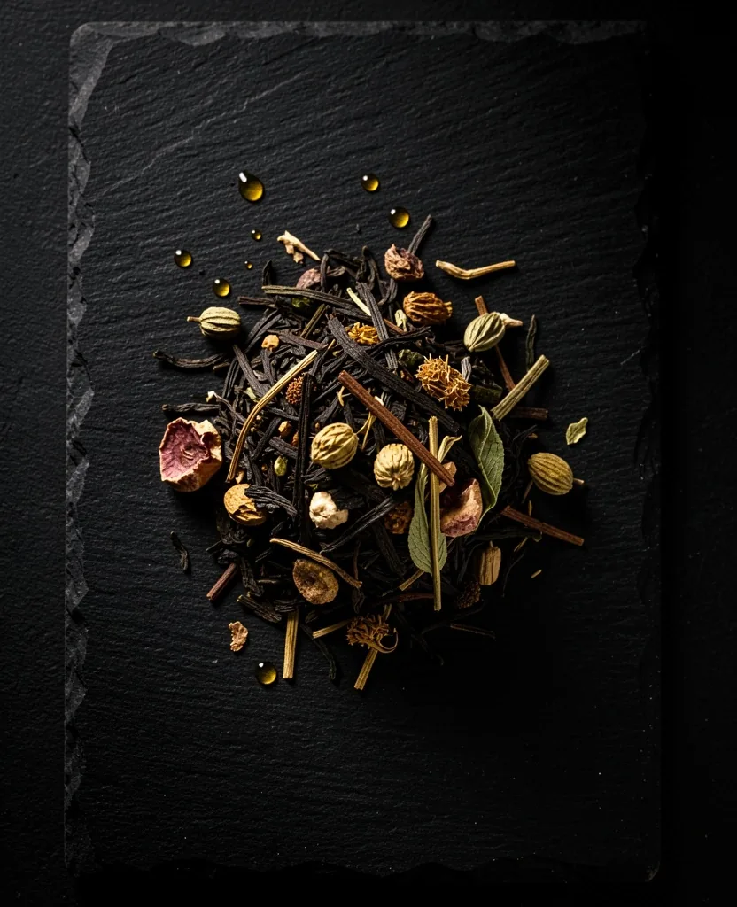 Miscela di tè Good Body con botanicali e olio MCT su superficie scura